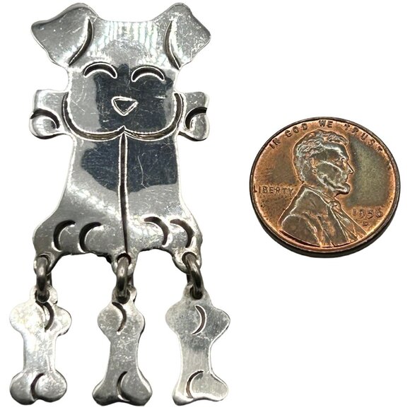 Vintage Mexico 925 Sterling Silver Dog with Dangling Bones Pendant Brooch/Pin - Picture 2 of 5